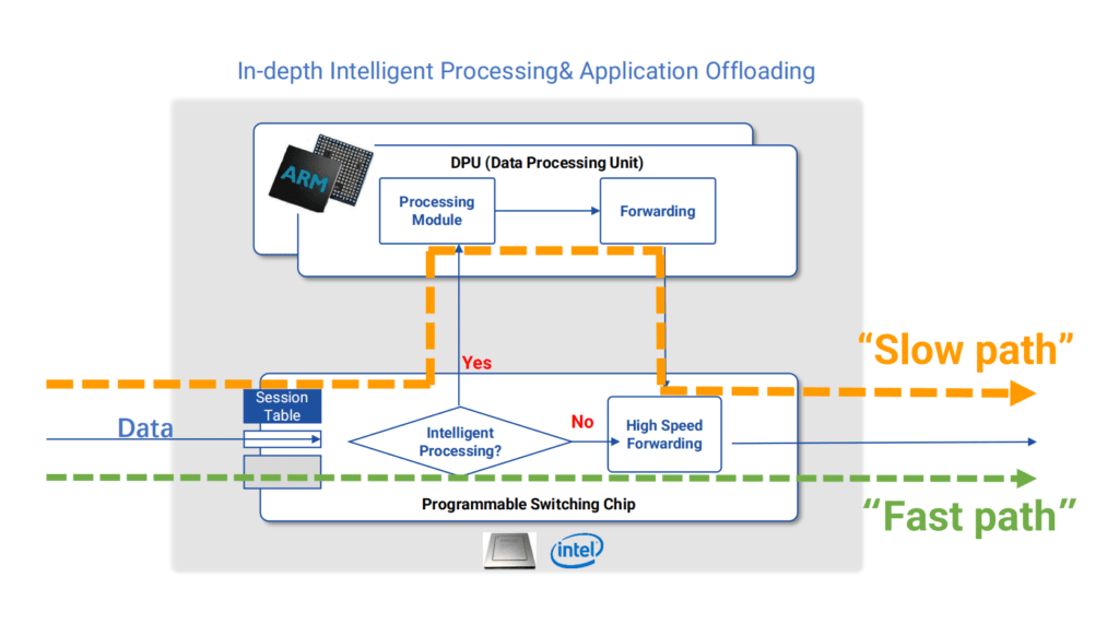 The combination of the T-bit level fast path for high-performance wire-speed forwarding and the slow path of in-depth data processing achieves in-depth service processing and application offloading, enhancing the overall computing power and efficiency of the data center.