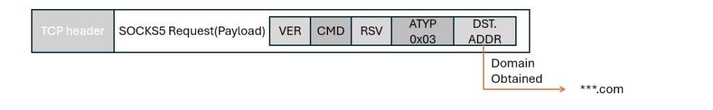 SOCKS5 protocol header format showing ATYP field and domain address extraction for proxy traffic routing