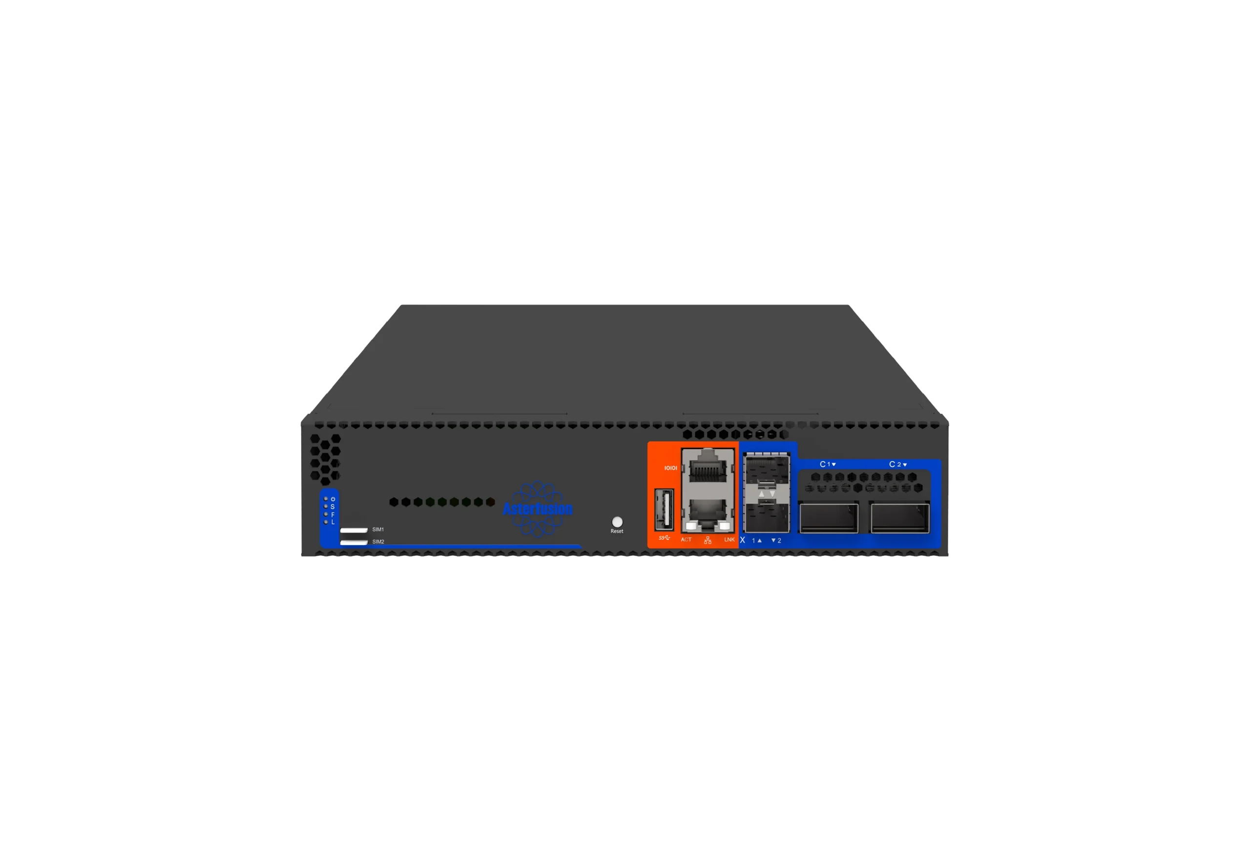 Full isometric view of Asterfusion ET2700-2P2S 8-core ARM intelligent gateway.