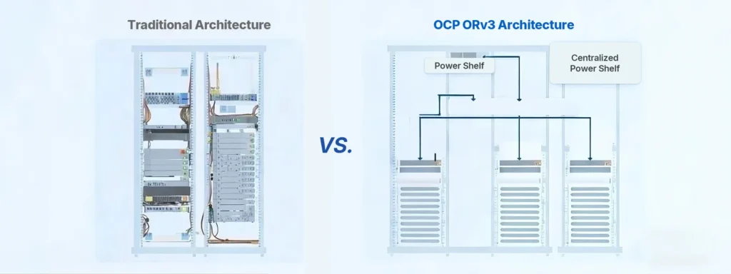 Diagram comparing traditional server rack architecture with OCP ORv3 centralized power shelf architecture, showing power distribution improvements for high-power devices and 400G switches