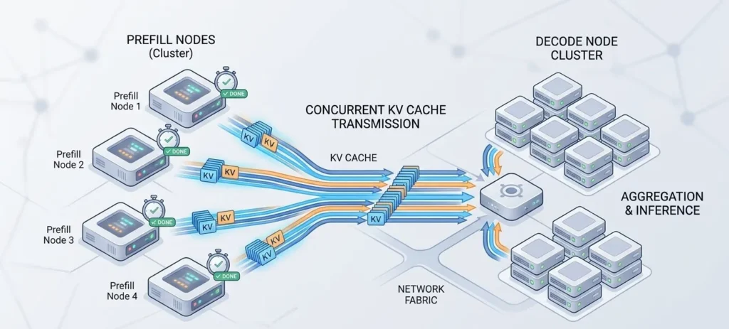 Diagram of Prefill‑DecoPrefill-Decode Disaggregation LLM inference-multiple Prefill Nodes simultaneously complete prompt processing, concurrently transmit KV Cache over network fabric, Decod